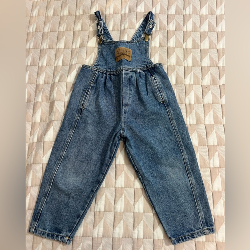 Vintage Baby Guess Denim Overalls Leather Patch Clip Toddler Girl 5Y USA